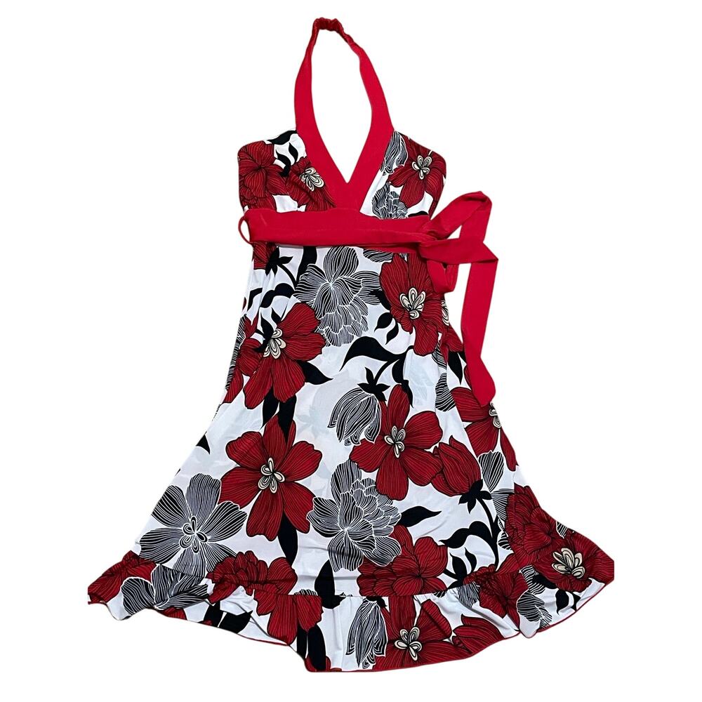 VTG Tempted‎ Floral Halter Dress Red Black White Ruffle Hem Y2K T926-D264 Small